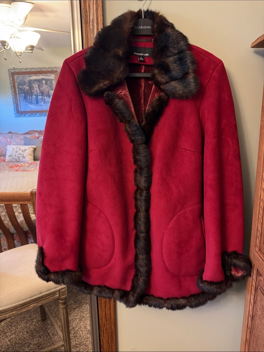 Jones New York Red Teddy Jacket with Brown Faux-Fur Trim